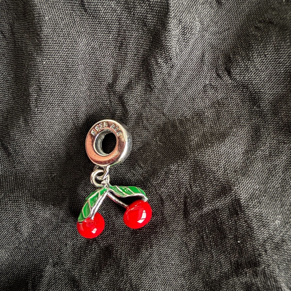 Pandora Red Cherry Enamel Dangle Charm with Green Leaves